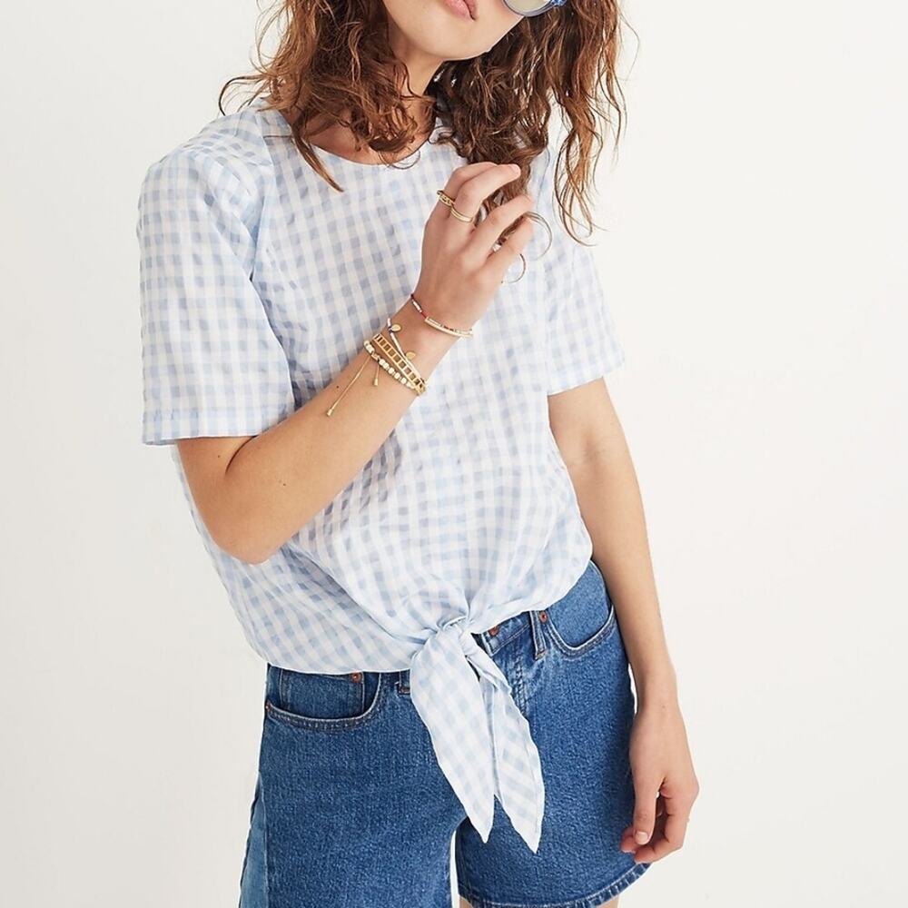 Madewell Button Back Tie Top in Blue Gingham Check Plaid - small